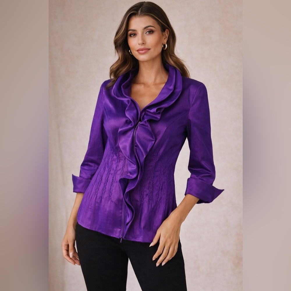 Samuel Dong Purple Satin Jacket Ruffle Collar‎ Statement Blazer M